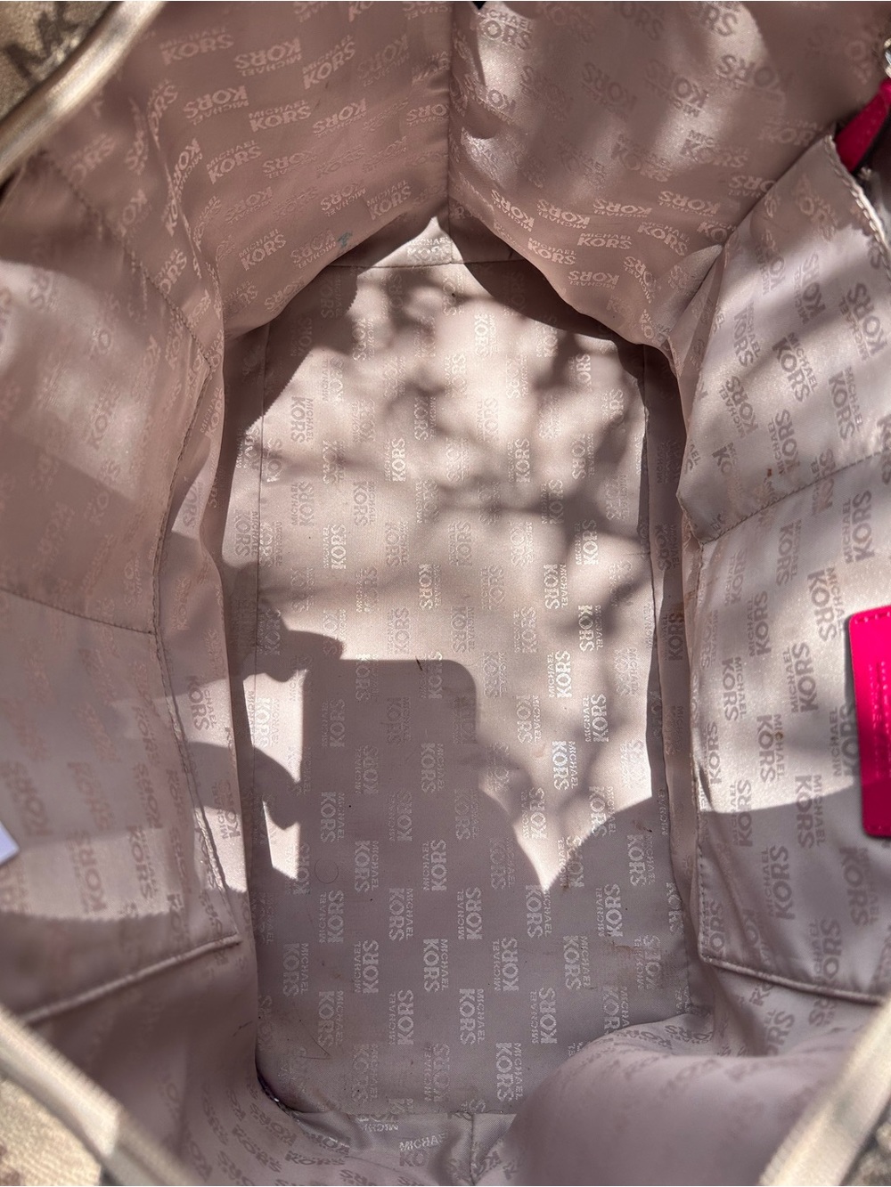 Michael Kors Beige MK Logo Tote with Pink Center Stripe - Picture 3 of 5
